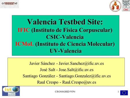 CROSSGRID WP41 Valencia Testbed Site: IFIC (Instituto de Física Corpuscular) CSIC-Valencia ICMoL (Instituto de Ciencia Molecular) UV-Valencia Javier Sánchez.