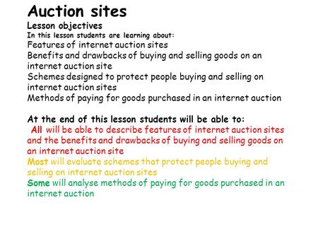 Auction sites Lesson objectives In this lesson students are learning about: Features of internet auction sites Benefits and drawbacks of buying and selling.