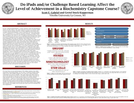 Do iPads and/or Challenge Based Learning Affect the Level of Achievement in a Biochemistry Capstone Course? Scott E. Gabriel and Gretel Stock-Kupperman.