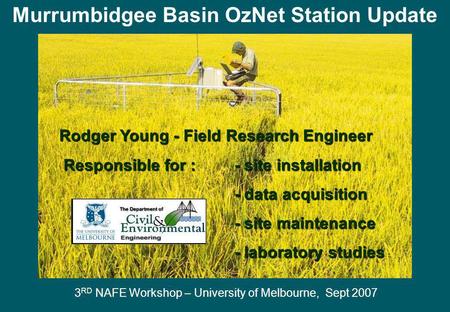 Murrumbidgee Basin OzNet Station Update Rodger Young - Field Research Engineer Responsible for : - site installation Responsible for : - site installation.