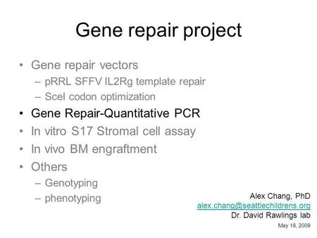 Gene repair project Gene repair vectors –pRRL SFFV IL2Rg template repair –SceI codon optimization Gene Repair-Quantitative PCR In vitro S17 Stromal cell.