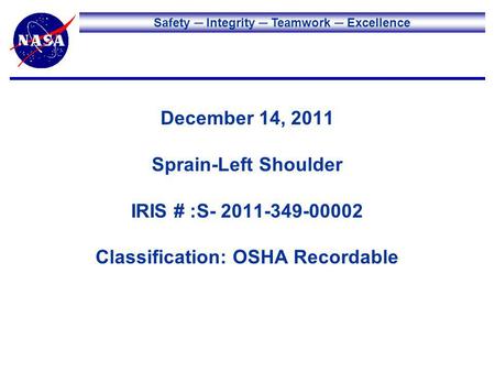 Safety Integrity Teamwork Excellence December 14, 2011 Sprain-Left Shoulder IRIS # :S- 2011-349-00002 Classification: OSHA Recordable.