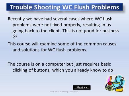 Trouble Shooting WC Flush Problems Recently we have had several cases where WC flush problems were not fixed properly, resulting in us going back to the.