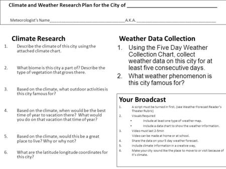 Climate and Weather Research Plan for the City of ________________________________ Meteorologists Name__________________________________A.K.A. ____________________________________.