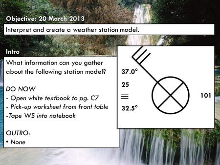 IntroIntro Objective: 20 March 2013 Interpret and create a weather station model. What information can you gather about the following station model? DO.