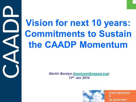 PARTNERSHIP S IN SUPPORT OF CAADP Vision for next 10 years: Commitments to Sustain the CAADP Momentum Martin Bwalya