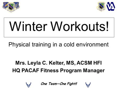 One TeamOne Fight!! Winter Workouts! Physical training in a cold environment Mrs. Leyla C. Kelter, MS, ACSM HFI HQ PACAF Fitness Program Manager.