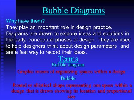 Bubble Diagrams Why have them? They play an important role in design practice. Diagrams are drawn to explore ideas and solutions in the early, conceptual.