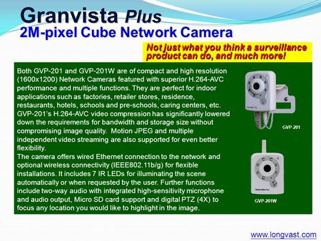 Not just what you think a surveillance product can do, and much more! Granvista Plus 2M-pixel Cube Network Camera www.longvast.com Both GVP-201 and GVP-201W.