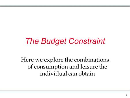 The Budget Constraint Here we explore the combinations of consumption and leisure the individual can obtain.