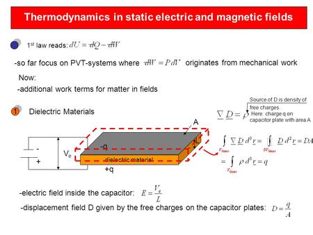 Thermodynamics in static electric and magnetic fields 1 st law reads: -so far focus on PVT-systems where originates from mechanical work Now: -additional.