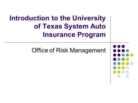 Introduction to the University of Texas System Auto Insurance Program Office of Risk Management.