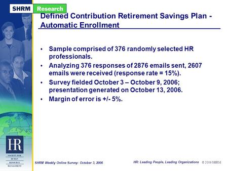 HR: Leading People, Leading Organizations © 2006 SHRM SHRM Weekly Online Survey: October 3, 2006 Defined Contribution Retirement Savings Plan - Automatic.