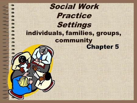 Social Work Practice Settings individuals, families, groups, community Chapter 5.