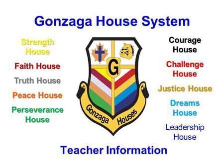 Gonzaga House System Teacher Information Strength House Faith House Truth House Peace House Perseverance House Courage House Challenge House Justice House.