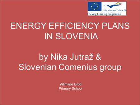 ENERGY EFFICIENCY PLANS IN SLOVENIA by Nika Jutraž & Slovenian Comenius group Vižmarje Brod Primary School.