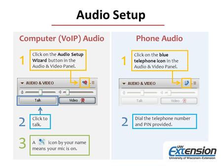 Audio Setup Click on the Audio Setup Wizard button in the Audio & Video Panel. Click to talk. A icon by your name means your mic is on. 1 2 3 Click on.