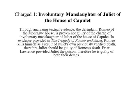 Charged 1: Involuntary Manslaughter of Juliet of the House of Capulet