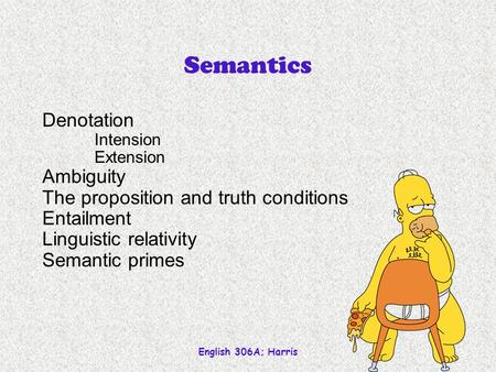 English 306A; Harris 1 Semantics Denotation Intension Extension Ambiguity The proposition and truth conditions Entailment Linguistic relativity Semantic.