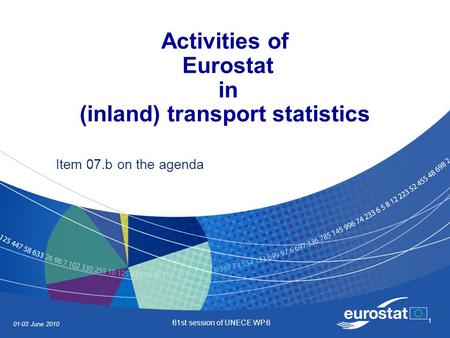 01-03 June 2010 61st session of UNECE WP.6 1 Activities of Eurostat in (inland) transport statistics Item 07.b on the agenda.