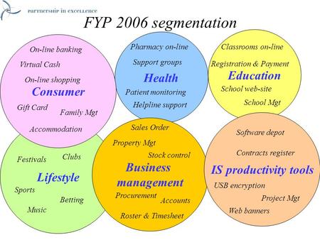 Lifestyle Health FYP 2006 segmentation Consumer Virtual Cash Support groups Education Registration & Payment Business management IS productivity tools.