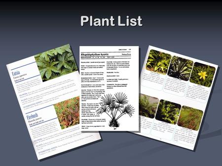 Plant List. Design Considerations Ecology Ecology Function Function Aesthetics Aesthetics.