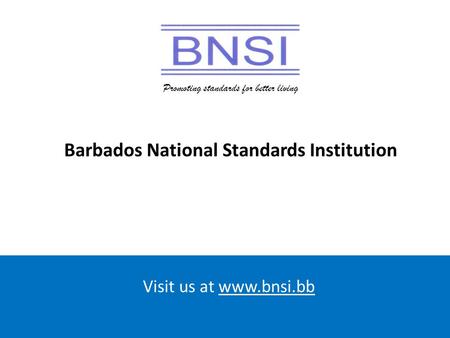 Promoting standards for better living Visit us at www.bnsi.bb Promoting standards for better living Barbados National Standards Institution.