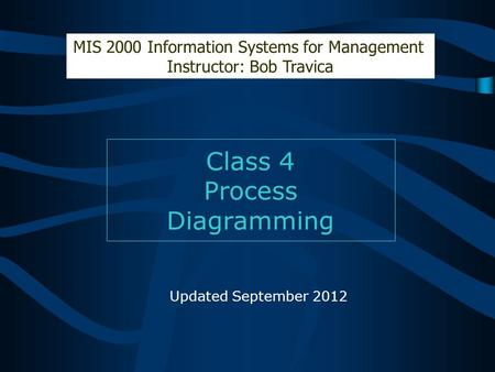 Class 4 Process Diagramming MIS 2000 Information Systems for Management Instructor: Bob Travica Updated September 2012.