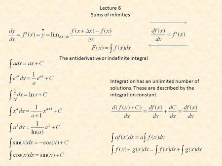 Lecture 6 Sums of infinities The antiderivative or indefinite integral Integration has an unlimited number of solutions. These are described by the integration.