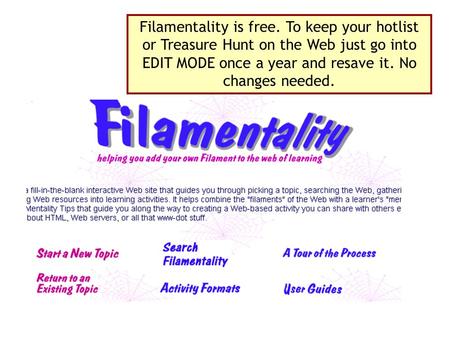 Filamentality is free. To keep your hotlist or Treasure Hunt on the Web just go into EDIT MODE once a year and resave it. No changes needed.