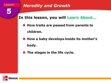 Heredity and Growth In this lesson, you will Learn About… How traits are passed from parents to children. How a baby develops inside its mother’s body.