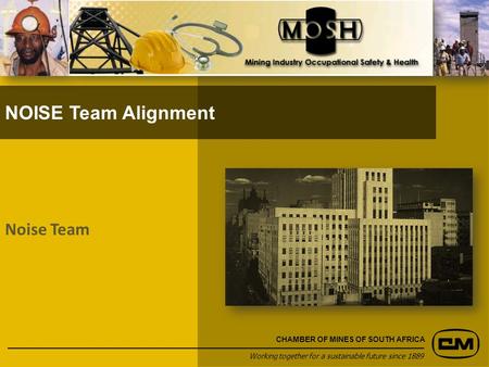 NOISE Team Alignment Working together for a sustainable future since 1889 CHAMBER OF MINES OF SOUTH AFRICA Noise Team.