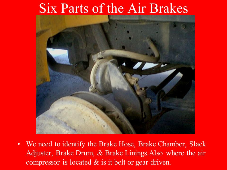 Six Parts of the Air Brakes We need to identify the Brake Hose, Brake  Chamber, Slack Adjuster, Brake Drum, & Brake Linings.Also where the air  compressor. - ppt download