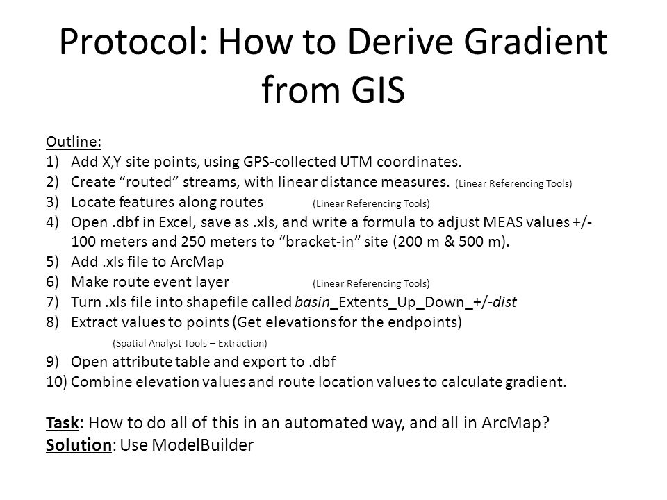 Protocol: How to Derive Gradient from GIS Outline: 1)Add X,Y site points,  using GPS-collected UTM coordinates. 2)Create “routed” streams, with linear  distance. - ppt download