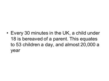 Every 30 minutes in the UK, a child under 18 is bereaved of a parent. This equates to 53 children a day, and almost 20,000 a year.