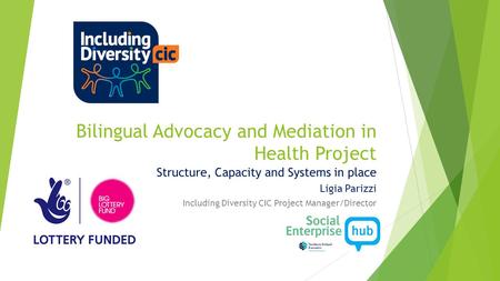 Bilingual Advocacy and Mediation in Health Project Structure, Capacity and Systems in place Ligia Parizzi Including Diversity CIC Project Manager/Director.