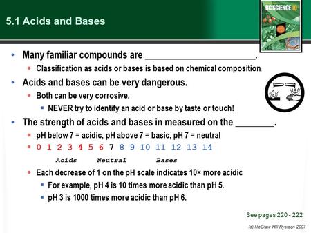 (c) McGraw Hill Ryerson 2007 5.1 Acids and Bases Many familiar compounds are _______________________.  Classification as acids or bases is based on chemical.