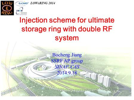 Injection scheme for ultimate storage ring with double RF system Bocheng Jiang SSRF AP group SINAP. CAS 2014.9.18 LOWεRING 2014.