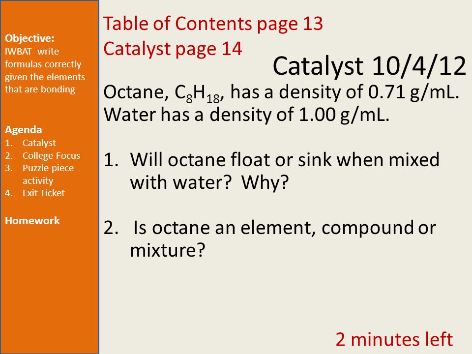 Catalyst 10/4/12 Objective: IWBAT write formulas correctly given 