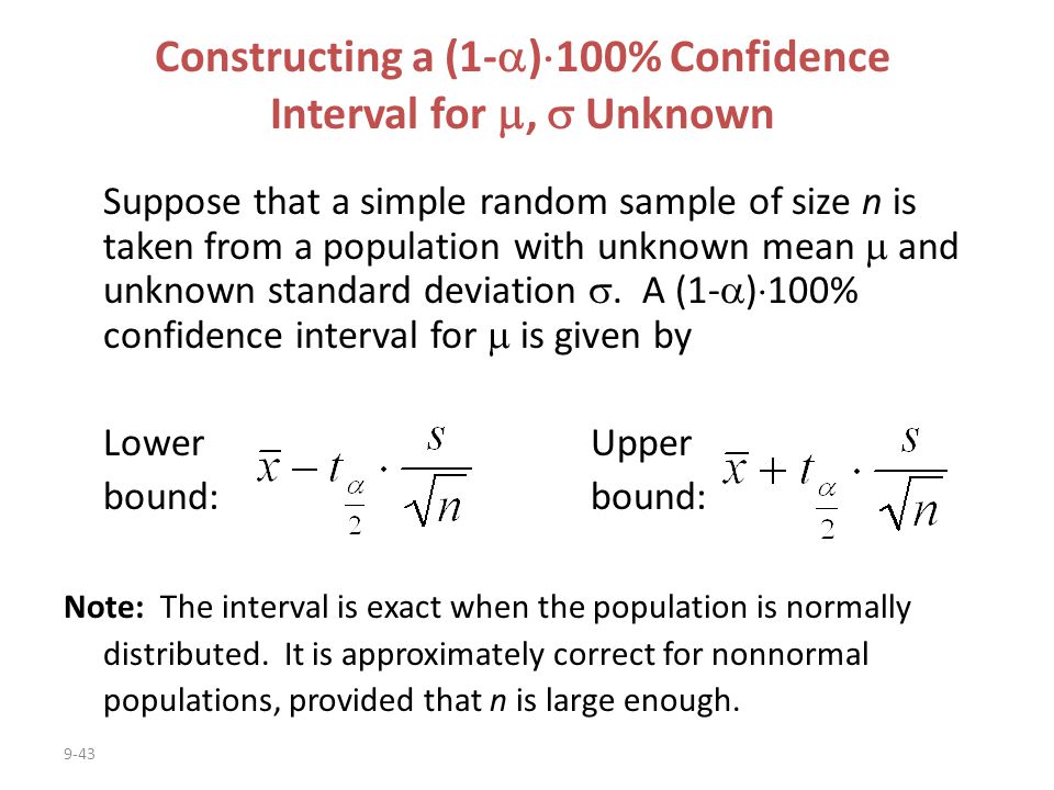 9.1 confidence interval for the population mean when the 