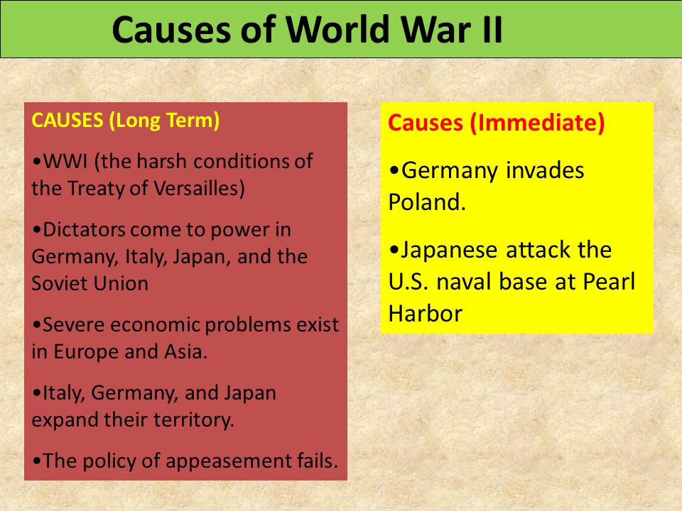 CAUSES (Long Term) WWI (the harsh conditions of the Treaty of Versailles) Dictators come to power in Germany, Italy, Japan, and the Soviet Union Severe. - ppt download