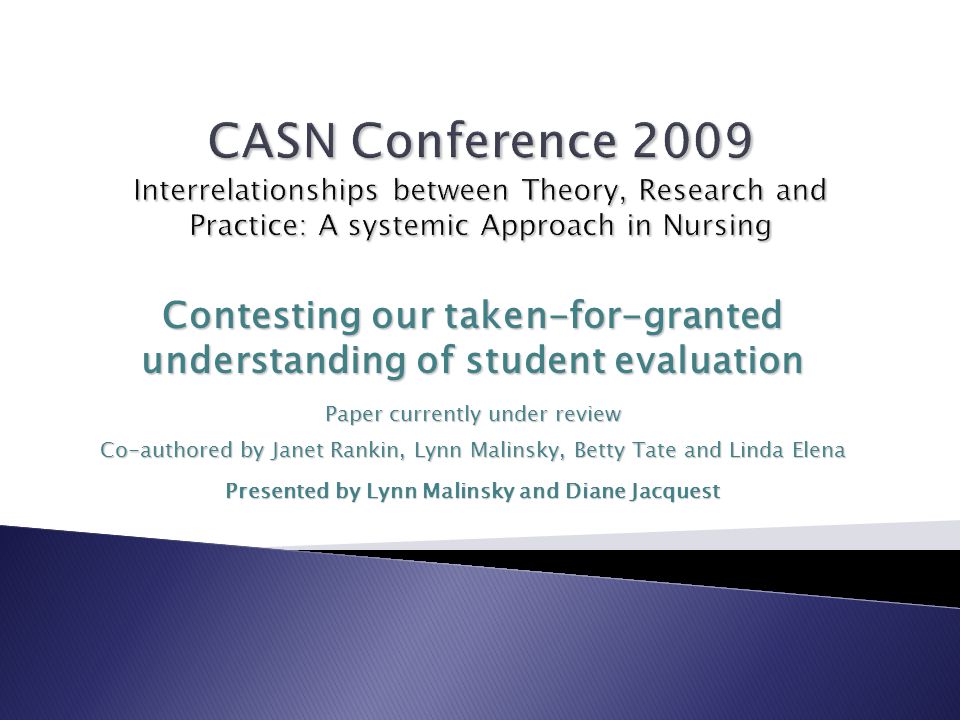Contesting our taken-for-granted understanding of student evaluation Paper  currently under review Co-authored by Janet Rankin, Lynn Malinsky, Betty  Tate.