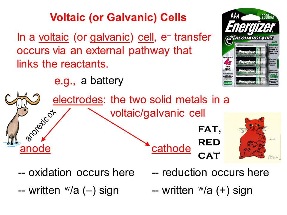 ox -- oxidation here Voltaic (or Galvanic) Cells a voltaic (or galvanic) cell, e – transfer via an external pathway that links. - ppt download