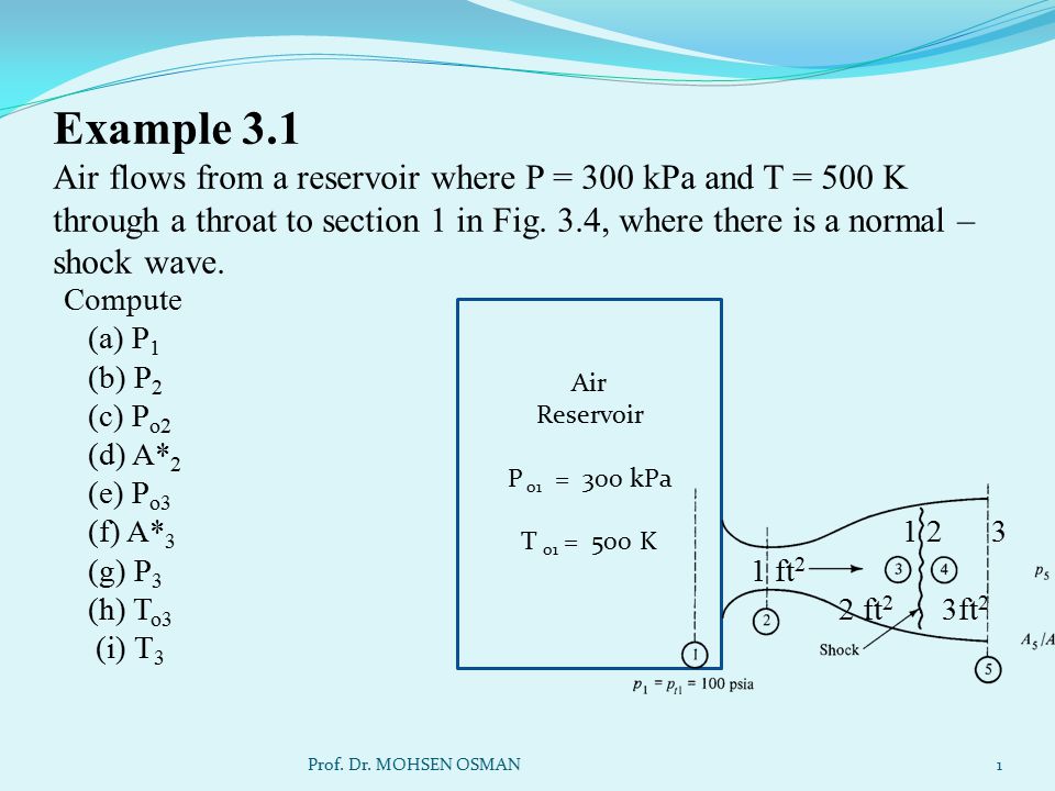 Example 3 1 Air Flows From A Reservoir Where P 300 Kpa And T 500 K Through A Throat To Section 1 In Fig 3 4 Where There Is A Normal Shock Wave Ppt Video Online Download