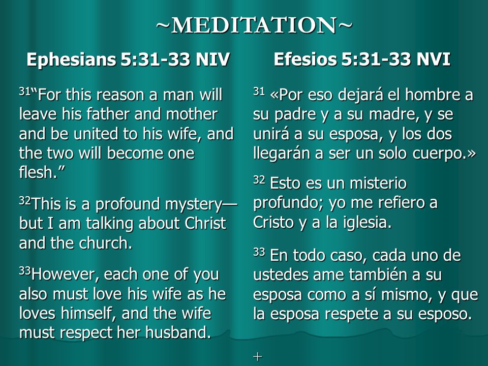 Ephesians 5 31 33 Niv 31 For This Reason A Man Will Leave His Father And Mother And Be United To His Wife And The Two Will Become One Flesh 32 This Ppt Download