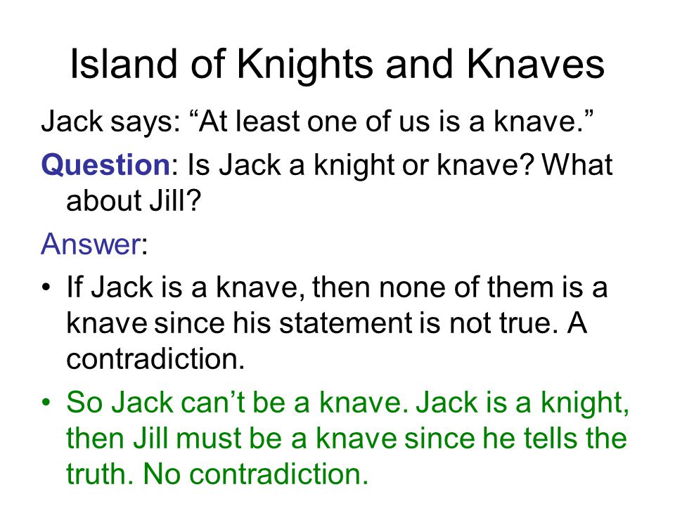 Island of Knights and Knaves Jack says: “At least one of us is a knave.”  Question: Is Jack a knight or knave? What about Jill? Answer: If Jack is a  knave, -