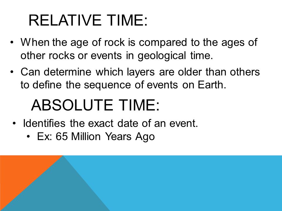 RELATIVE TIME: When the age of rock is compared to the ages of other rocks  or events in geological time. Can determine which layers are older than  others. - ppt download