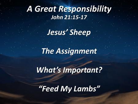 A Great Responsibility John 21:15-17 Jesus’ Sheep The Assignment What’s Important? “Feed My Lambs”