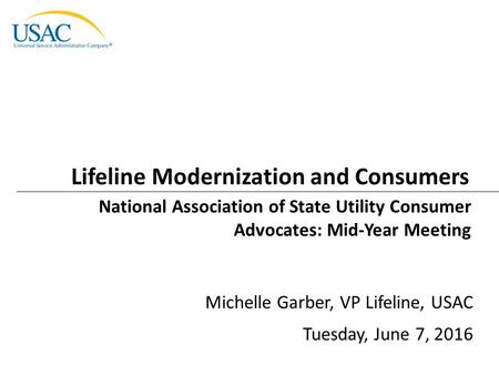 Lifeline Modernization and Consumers National Association of State Utility Consumer Advocates: Mid-Year Meeting Michelle Garber, VP Lifeline, USAC Tuesday,