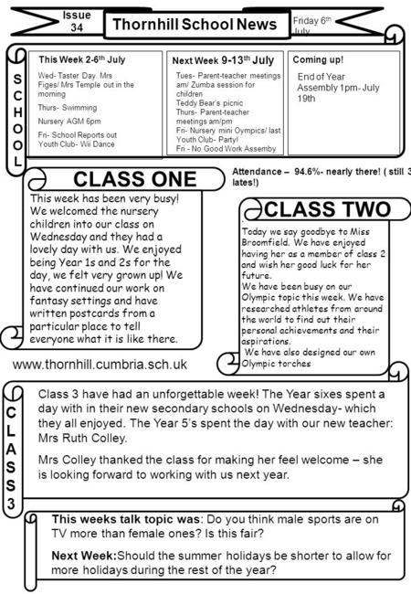 Thornhill School News Issue 34 CLASS3CLASS3 CLASS ONE CLASS TWO SCHOOLSCHOOL  Coming up!This Week 2-6 th July. Friday 6 th.